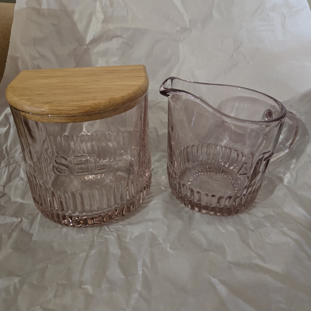 Pink Glass Sugar Jar and Creamer Set with Bamboo Lid